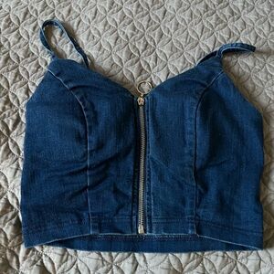 Denim Blue Zipper Front Crop Top